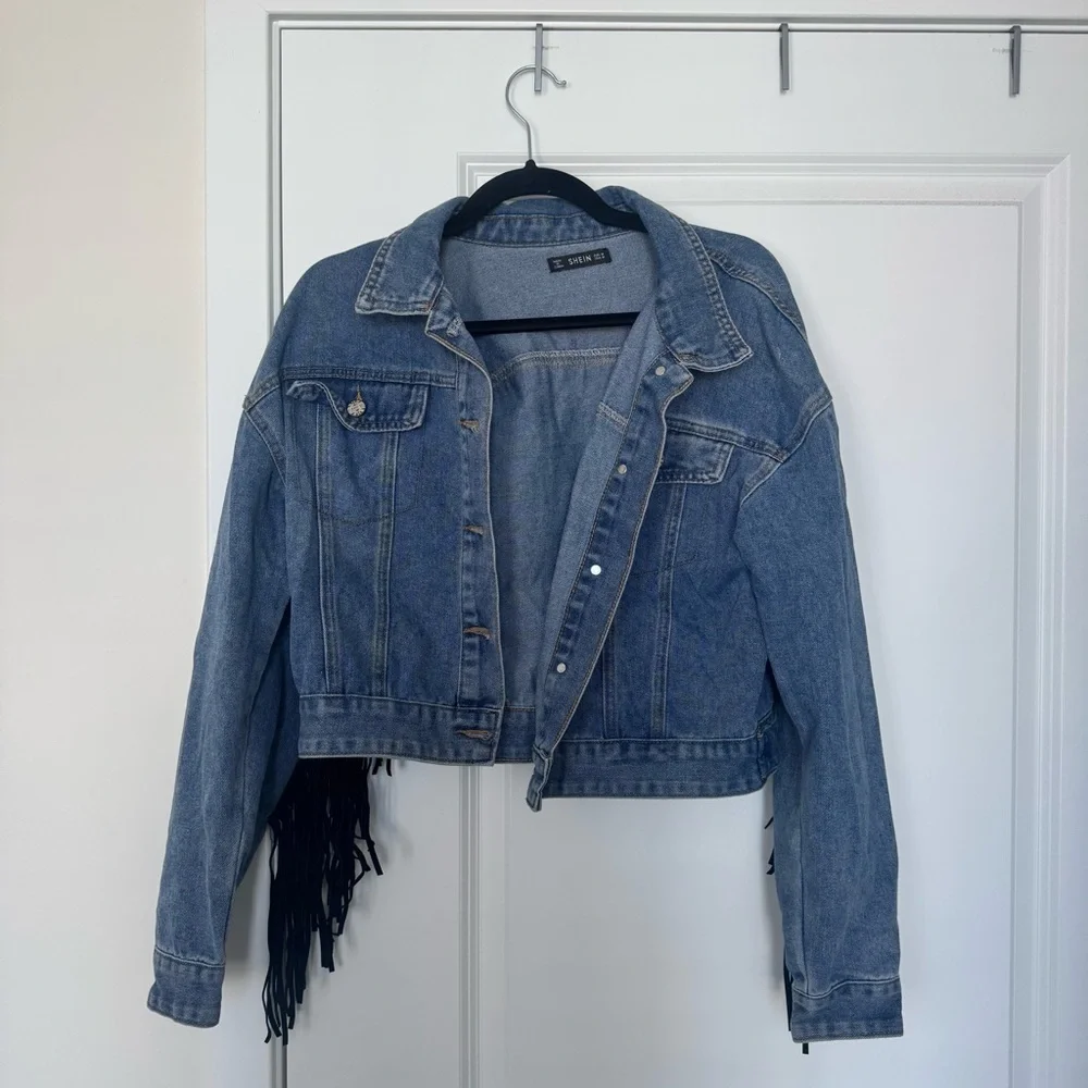 Shein Denim Fringe Jacket with Leopard Print - Picture 2 of 5